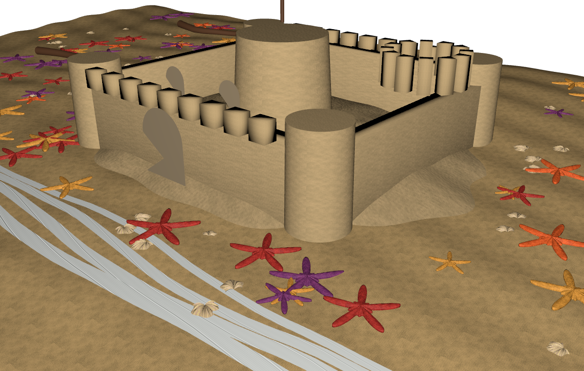 High-fidelity PBR beach scene with sandcastle, starfish, and shells, authored by Codex
