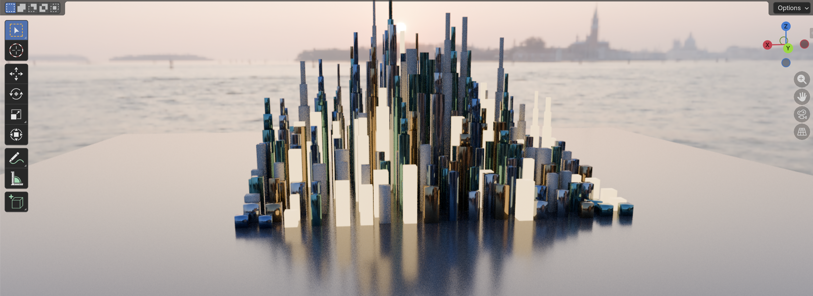 Reflective skyscraper cityscape at golden hour, authored through usdq and viewed in Blender, by Claude