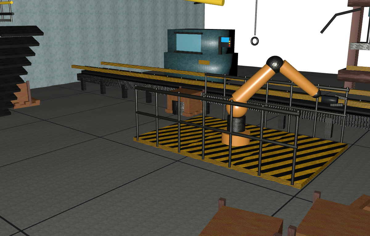 Industrial factory floor with a robotic arm and conveyor, authored by Codex