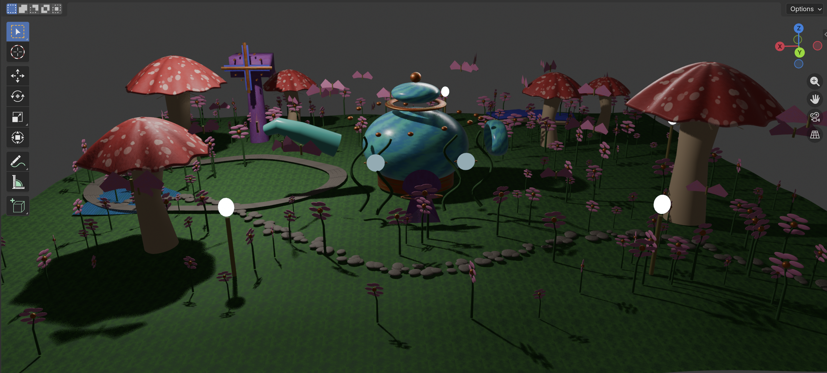 Whimsical mushroom garden with a teapot house, authored through usdq and viewed in Blender, by Codex