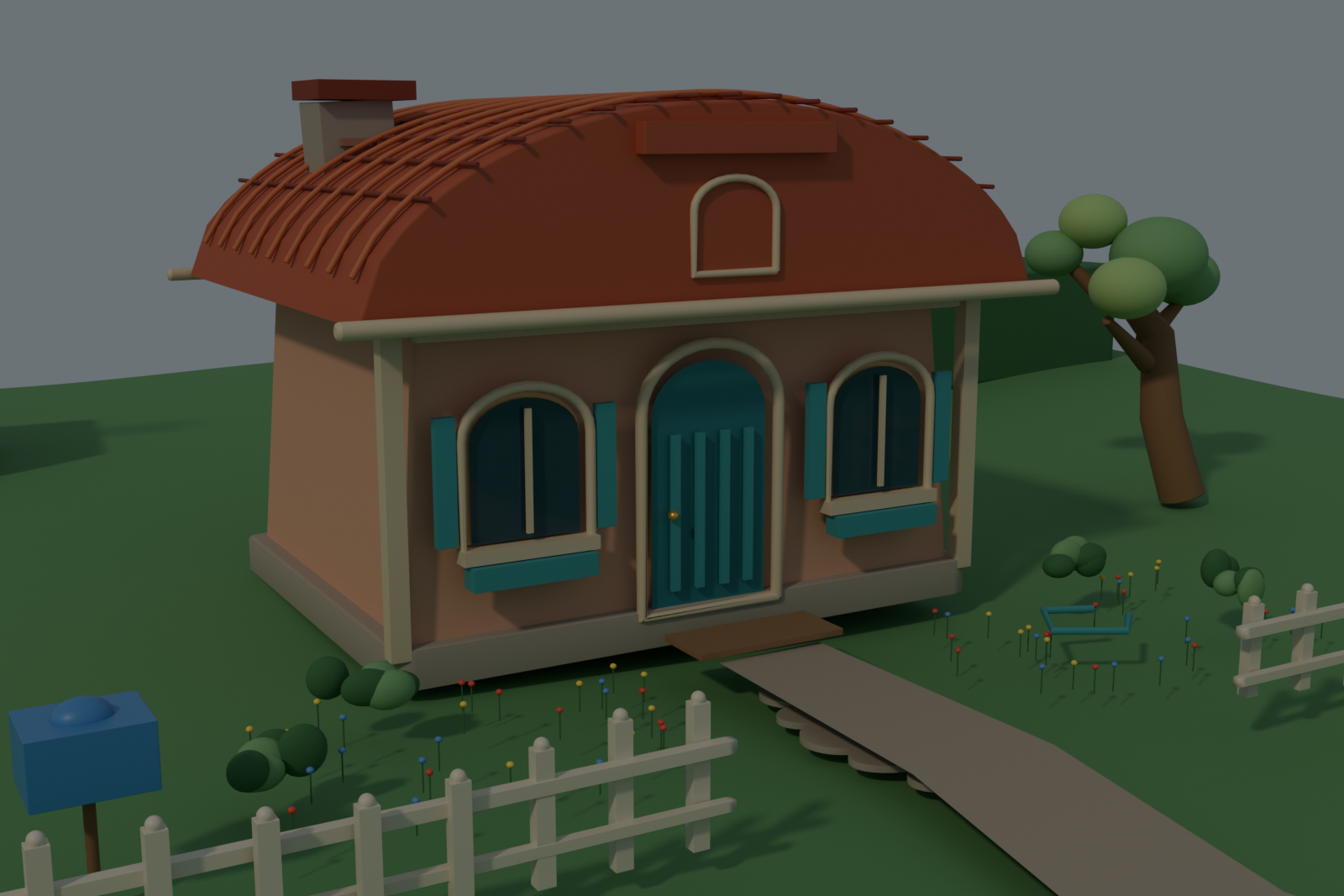 Stylized cottage scene authored with usdq, rendered in Blender Cycles