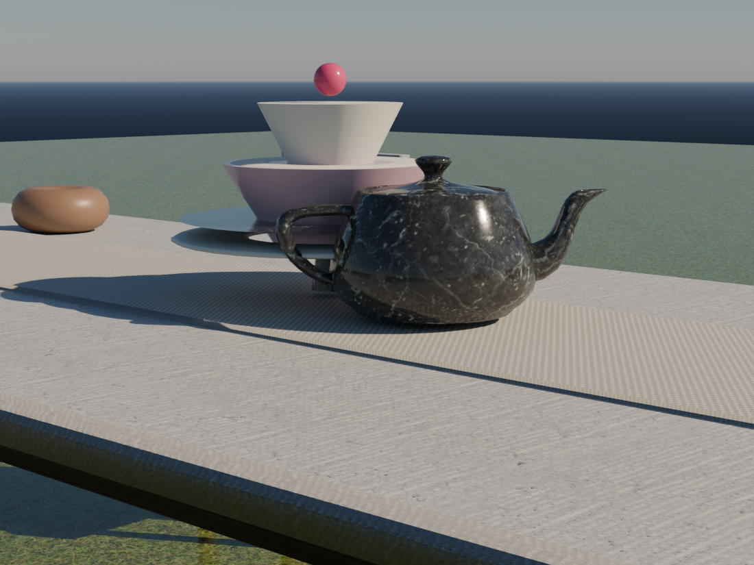 Marble teapot and stacked cups showing UsdPreviewSurface PBR materials